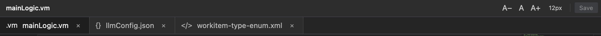 Tab bar with mainLogic.vm, llmConfig.json and workitem-type-enum.xml open simultaneously